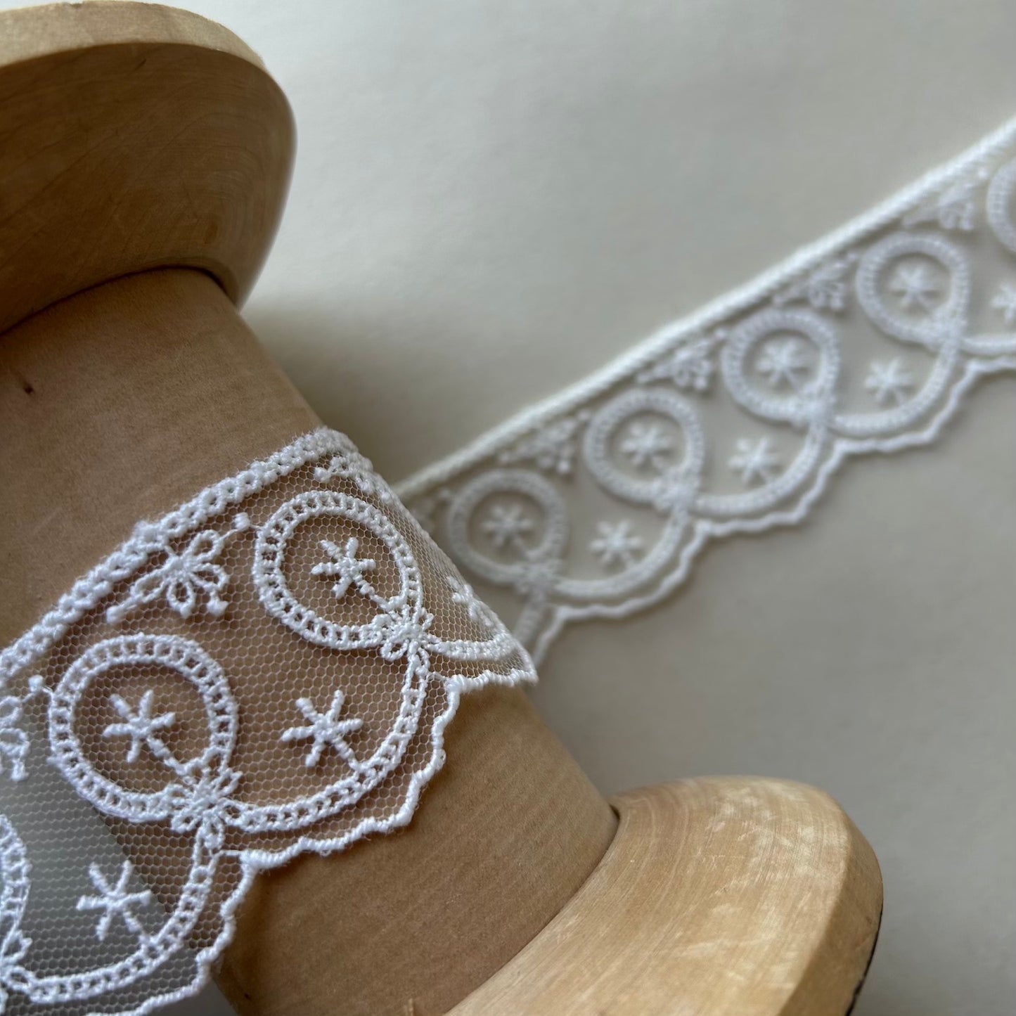 Cream 38mm flat, embroidered tulle lace
