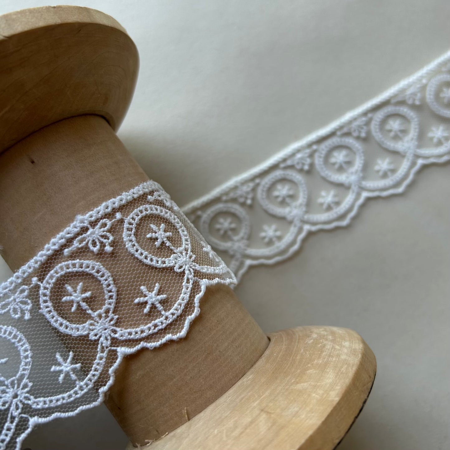 Cream 38mm flat, embroidered tulle lace