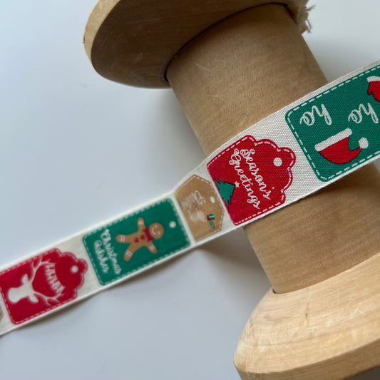 Festive Ribbon: Christmas Label Cotton Ribbon 25mm