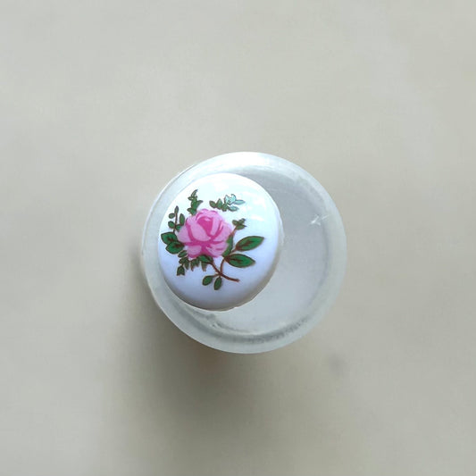 Buttons: White Shank Button with Pink Rose Motif  12.5mm