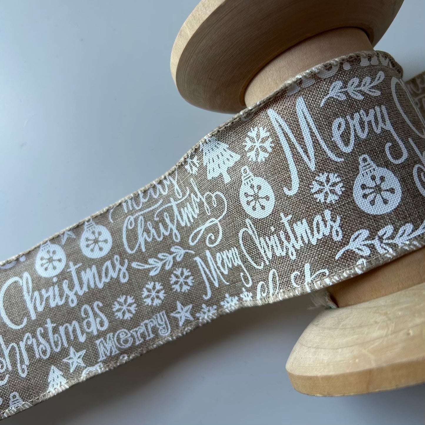 Hessian Wire Edge Ribbon: Merry Christmas 63mm